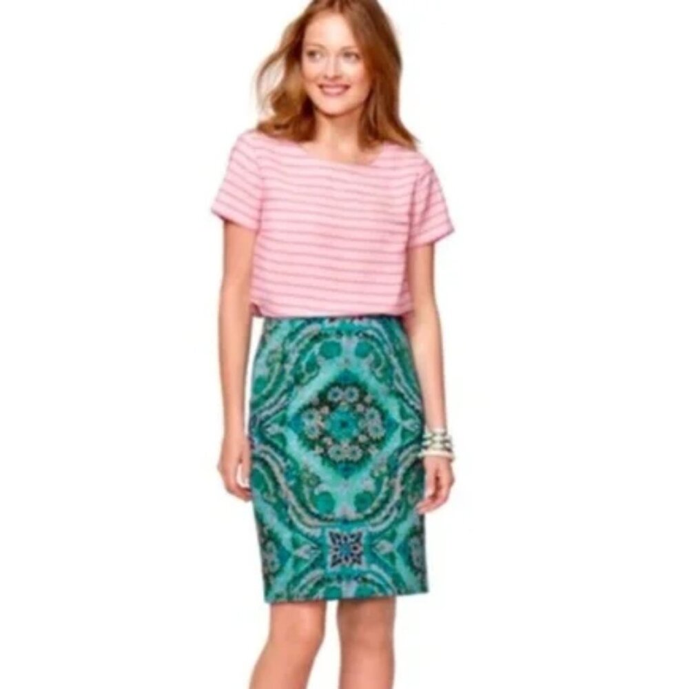 J. Crew Casbah Green Medallion Print Stretch Cotton Pencil Skirt